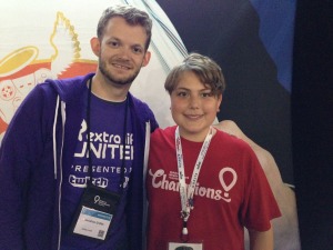 Jonathan (left) with "Champion" Max from the Children's Miracle Network