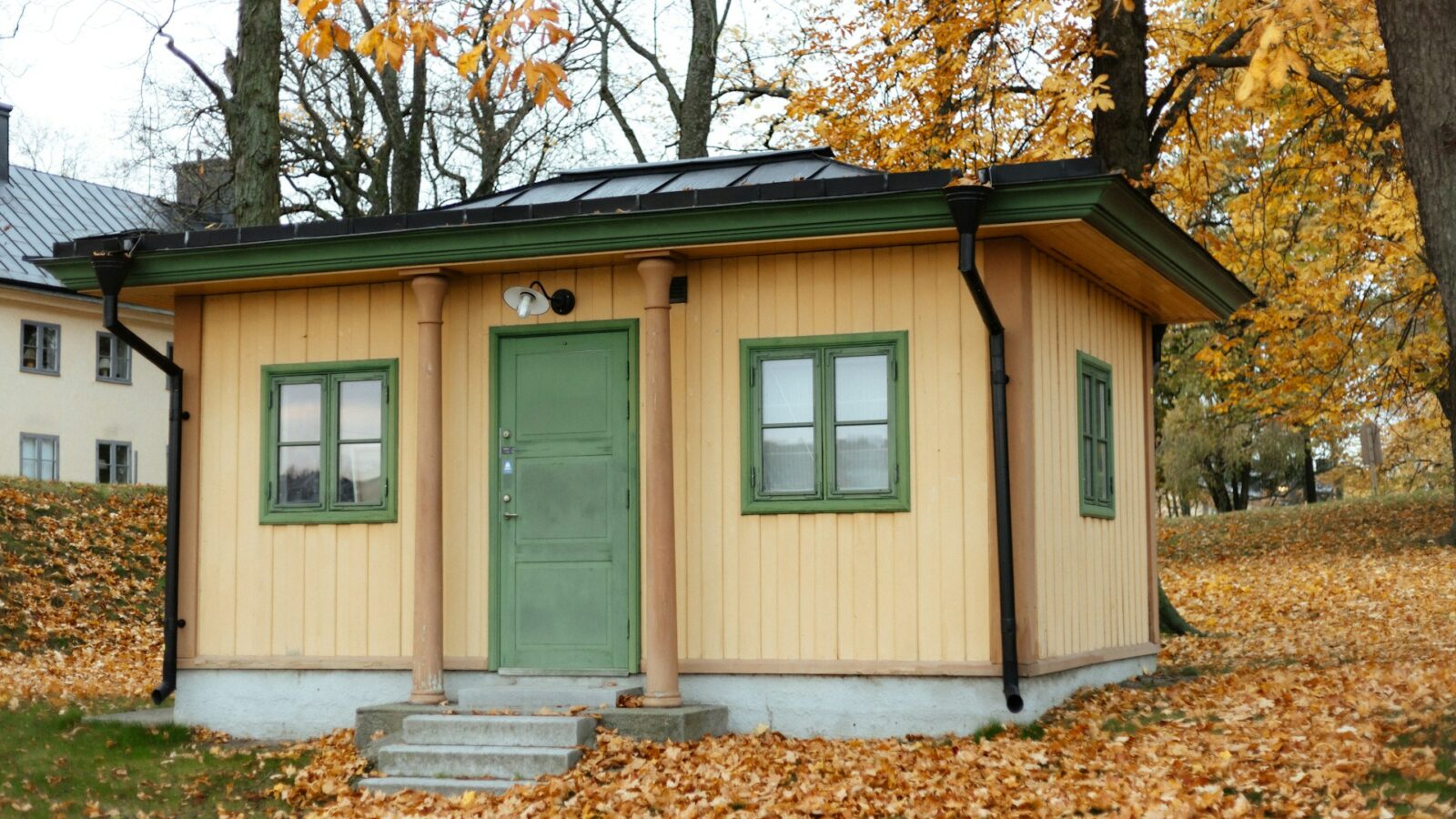 A small dwelling painted yellow with a green door and window frames, and a black steel roof surrounded by trees with yellow leaves and fallen autumn leaves blanketing the green lawn, representing accessory dwelling units.