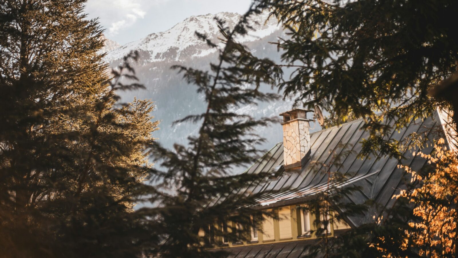 A house with a stone chimney and metal roof surrounded by forest and snowy mountains, representing municipal tax subclasses in Alberta.