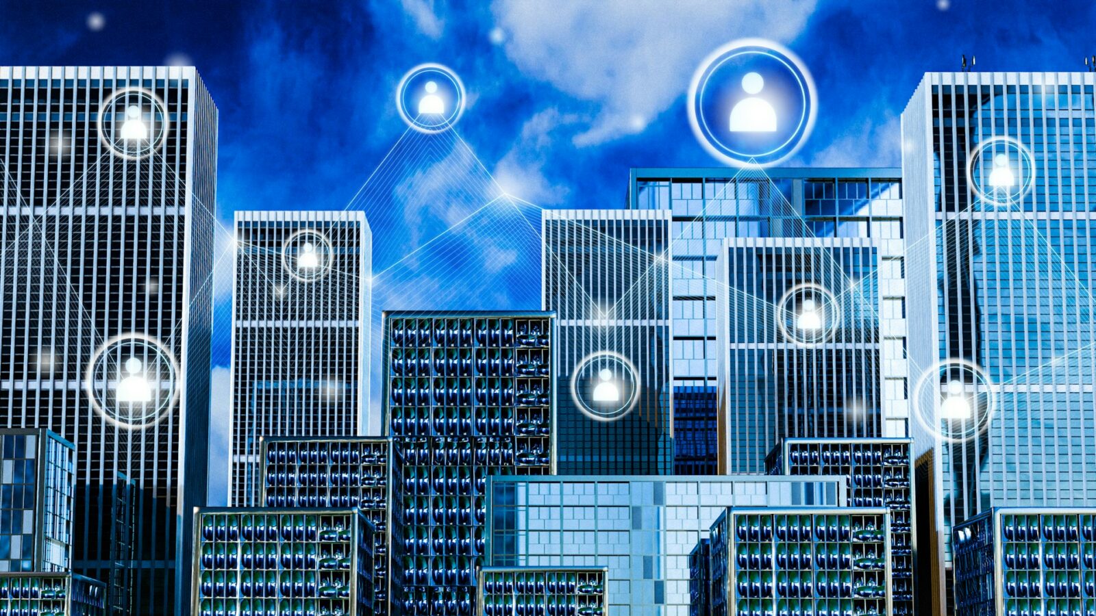 City high rises with glowing white user icon hovering in front and above the buildings and connected with glowing white lines, representing data ownership rights in smart buildings.