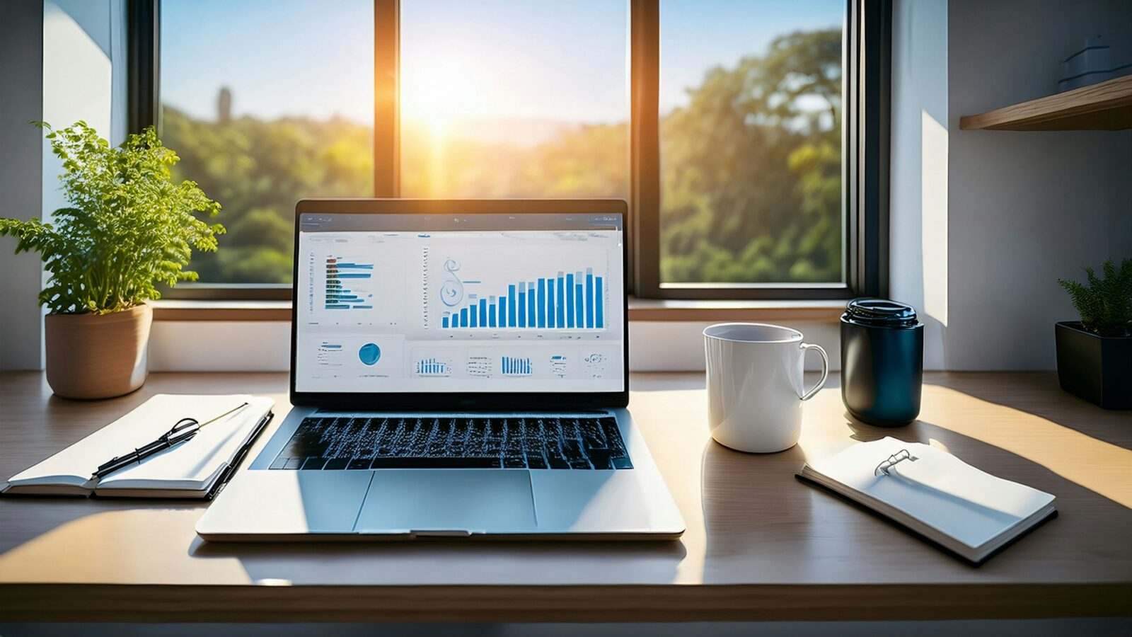 A laptop with charts on the screen surrounded by notepads, a pen, a coffee cup, and a small plant sits on a desk facing a sunny window, representing choosing a business name in Alberta.