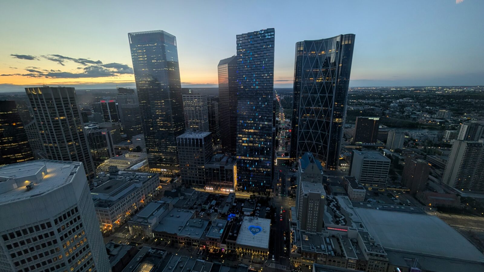 An elevated wide-angle view of downtown Calgary, representing Best Law Firms - 2027 Canada.